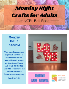Bell Road Adult Monday Night Craft @ Bell Road Library's Emerald Room | Newburgh | Indiana | United States